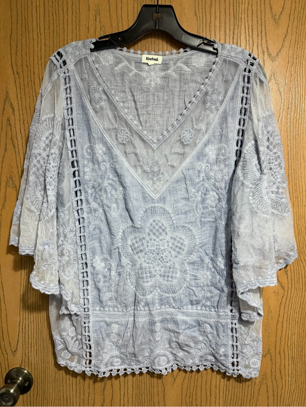Kindred Light Blue Embroidered V-Neck Tunic Top with Crochet Trim